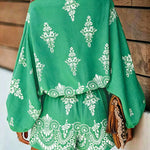 Women's Vintage Print Two-Piece Set Off-Shoulder Batwing Sleeve Top and High-Waisted Shorts Casual Vacation Set