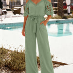 Women's Cold Shoulder Jumpsuit Gold Chain Lace Patchwork Overalls Tapered Leg Jumpsuits with Pockets & Belt
