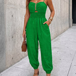 Women's Chain Strap Jumpsuit Hollow Out Shirred Waist Overalls Casual Jogger Jumpsuit with Pockets