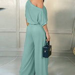 Skew Neck Batwing Sleeve High Waist Overalls Casual Short Sleeve Cinched Waist Wide Leg Jumpsuit