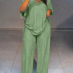 Women's Textured 2 Piece Outfits V Neck Drawstring Ruched Top and Wide Leg Pants Set Casual Loose Loungewear