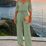 Women's Cold Shoulder Jumpsuit Gold Chain Lace Patchwork Overalls Tapered Leg Jumpsuits with Pockets & Belt