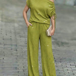 Women's Two-Piece Rhinestone Lounge Suit Skew Neck Top and Wide-Leg Pant Set Elegant Commuter Outfit with Pockets