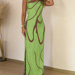 Abstract Print Square Neck Thick Strap Maxi Dress Elegant Side Slit Vacation Dress