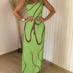 Abstract Print Square Neck Thick Strap Maxi Dress Elegant Side Slit Vacation Dress