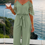 Women's Cold Shoulder Jumpsuit Gold Chain Lace Patchwork Overalls Tapered Leg Jumpsuits with Pockets & Belt
