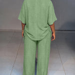 Women's Textured 2 Piece Outfits V Neck Drawstring Ruched Top and Wide Leg Pants Set Casual Loose Loungewear