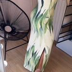 Plants Print Square Neck Thick Strap Maxi Dress Casual Slim Fit Side Slit Vacation Dress with Pockets