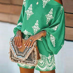 Women's Vintage Print Two-Piece Set Off-Shoulder Batwing Sleeve Top and High-Waisted Shorts Casual Vacation Set