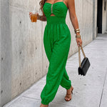 Women's Chain Strap Jumpsuit Hollow Out Shirred Waist Overalls Casual Jogger Jumpsuit with Pockets