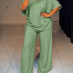 Women's Textured 2 Piece Outfits V Neck Drawstring Ruched Top and Wide Leg Pants Set Casual Loose Loungewear