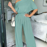 Skew Neck Batwing Sleeve High Waist Overalls Casual Short Sleeve Cinched Waist Wide Leg Jumpsuit