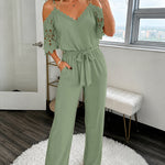 Women's Cold Shoulder Jumpsuit Gold Chain Lace Patchwork Overalls Tapered Leg Jumpsuits with Pockets & Belt