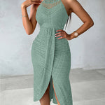 Adjustable Halter Hollow-out Back Ruched Front Slit Dress Guipure Lace Yoke Eyelet Embroidery Vacation Dress