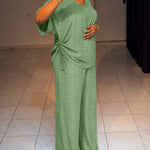 Women's Textured 2 Piece Outfits V Neck Drawstring Ruched Top and Wide Leg Pants Set Casual Loose Loungewear