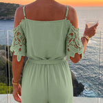 Women's Cold Shoulder Jumpsuit Gold Chain Lace Patchwork Overalls Tapered Leg Jumpsuits with Pockets & Belt