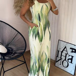 Plants Print Square Neck Thick Strap Maxi Dress Casual Slim Fit Side Slit Vacation Dress with Pockets