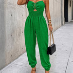 Women's Chain Strap Jumpsuit Hollow Out Shirred Waist Overalls Casual Jogger Jumpsuit with Pockets