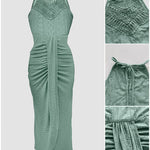 Halter Tie Criss Cross Front Ruched Knit Jacquard Textured Slit Dress Casual Hollow-out Draped Vacation Dress