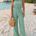 CHICME Women's Halter Tie Knit Jacquard Jumpsuit Hollow-Out Criss-Cross Front Shirred Wide-Leg Overalls