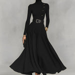 Women's Black Knit Elegant High Neck Button Detail Maxi Dress