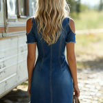 Lapel Collar Zip-up Double-pocket Off-the-shoulder Denim Mini Dress