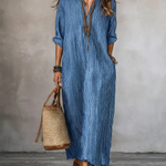 HAVEN | Long Sleeve Maxi Dress V-Neck Striped Style with Side Pockets