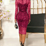 CHICME Women's 2 Piece Leopard Print Mesh Midi Dress Set Rhinestone Embellished Sheer Long Sleeve Bodycon Dress with Removable Cami Liner