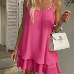 Women's Pearls Embellished Straps Mini Dress Backless Pleated Dress Casual Double Layer Lettuce Trim Cami Sun Dress