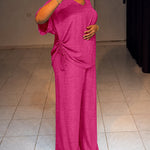 Women's Textured 2 Piece Outfits V Neck Drawstring Ruched Top and Wide Leg Pants Set Casual Loose Loungewear