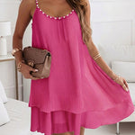 Women's Pearls Embellished Straps Mini Dress Backless Pleated Dress Casual Double Layer Lettuce Trim Cami Sun Dress