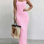 Women's Striped Ribbed Knit Maxi Dress Slim Fit Sleeveless Cami Dress Beach Vacation Sundress