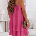 Women's Pearls Embellished Straps Mini Dress Backless Pleated Dress Casual Double Layer Lettuce Trim Cami Sun Dress