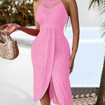 Halter Tie Criss Cross Front Ruched Knit Jacquard Textured Slit Dress Casual Hollow-out Draped Vacation Dress