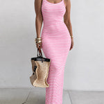 Women's Striped Ribbed Knit Maxi Dress Slim Fit Sleeveless Cami Dress Beach Vacation Sundress