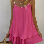 Women's Pearls Embellished Straps Mini Dress Backless Pleated Dress Casual Double Layer Lettuce Trim Cami Sun Dress