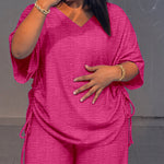 Women's Textured 2 Piece Outfits V Neck Drawstring Ruched Top and Wide Leg Pants Set Casual Loose Loungewear