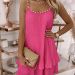 Women's Pearls Embellished Straps Mini Dress Backless Pleated Dress Casual Double Layer Lettuce Trim Cami Sun Dress