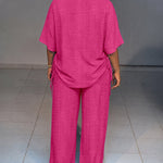 Women's Textured 2 Piece Outfits V Neck Drawstring Ruched Top and Wide Leg Pants Set Casual Loose Loungewear