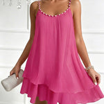 Women's Pearls Embellished Straps Mini Dress Backless Pleated Dress Casual Double Layer Lettuce Trim Cami Sun Dress