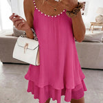 Women's Pearls Embellished Straps Mini Dress Backless Pleated Dress Casual Double Layer Lettuce Trim Cami Sun Dress