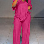Women's Textured 2 Piece Outfits V Neck Drawstring Ruched Top and Wide Leg Pants Set Casual Loose Loungewear