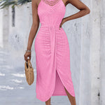 Halter Tie Criss Cross Front Ruched Knit Jacquard Textured Slit Dress Casual Hollow-out Draped Vacation Dress