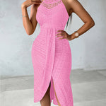 Adjustable Halter Hollow-out Back Ruched Front Slit Dress Guipure Lace Yoke Eyelet Embroidery Vacation Dress
