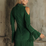 Semi-high Neck Off-the-shoulder Fringed Faux Suede Long-sleeved Mini Dress