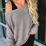 Women's Hollow-out Knit Sweater Skew Neck Loose Batwing Sleeve Top Casual Long Sleeve Knit Top