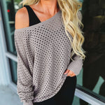 Women's Hollow-out Knit Sweater Skew Neck Loose Batwing Sleeve Top Casual Long Sleeve Knit Top