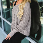 Women's Hollow-out Knit Sweater Skew Neck Loose Batwing Sleeve Top Casual Long Sleeve Knit Top