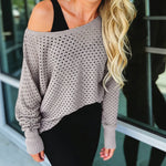 Women's Hollow-out Knit Sweater Skew Neck Loose Batwing Sleeve Top Casual Long Sleeve Knit Top