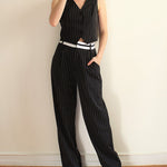 Striped Business Two-Piece Sets Sleeveless Crop Tops with Loose Fit Pants Suits